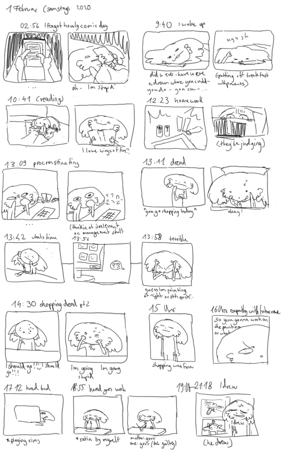 <h2>2020</h2>Description from the original toyhouse upload: ‘hourly comic day from 2020! i drew this like?? apparently in july? but the notes were from february
i painted the teletubbies while watching a retrospective of all the god of war games im not 100% sure <a href=https://youtu.be/apX3q5PCrQQ?si=gkLlKNgoXTl59J8p target=_blank>the one im linking</a> is the right one tho‘ I have linked the teletubbie drawings I was working on below. Last major work i did for art school before quitting.